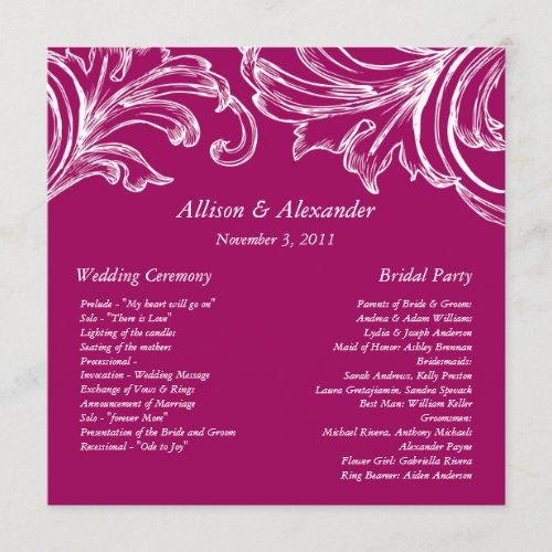 Vintage Damask Wedding Program  RASPBERRY  White