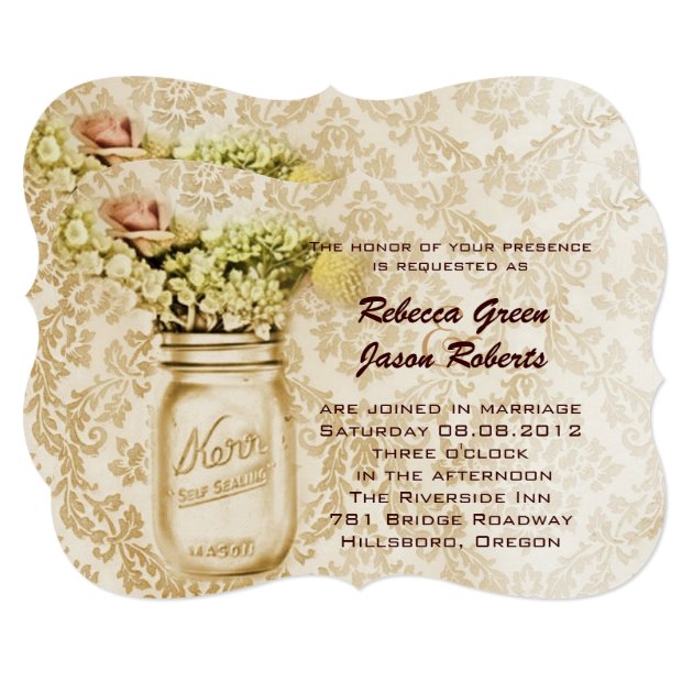 Vintage Damask Western Floral Mason Jar Wedding Invitation