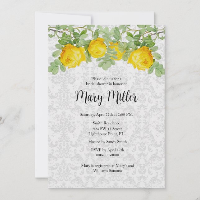 Vintage Damask with Yellow Roses Bridal Shower  Invitation (Front)