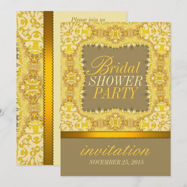Vintage Damask Yellow Gold Lace Bridal Shower Invitation (Front/Back)