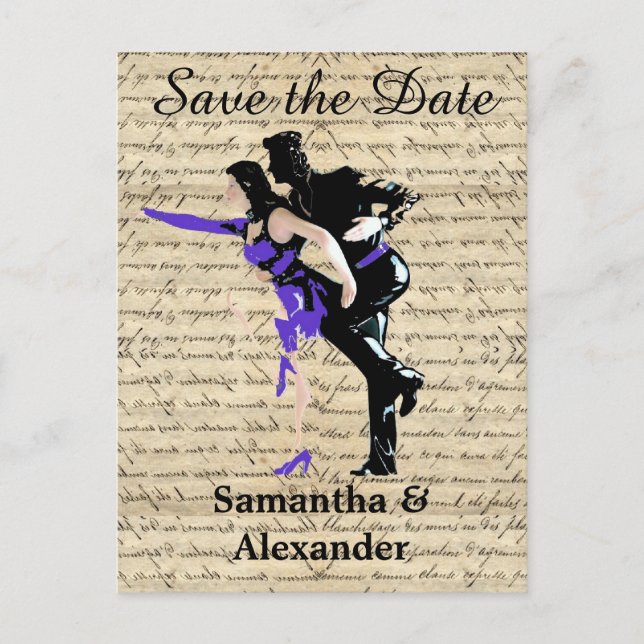 Vintage dancers save the date announcement postcard (Front)