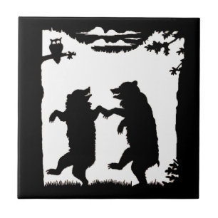 Vintage Dancing Bears Black Silhouette Trees Owl Ceramic Tile