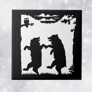 Vintage Dancing Bears Black Silhouette Trees Owl Ceramic Tile