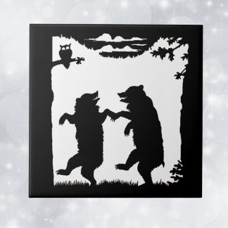 Vintage Dancing Bears Black Silhouette Trees Owl Ceramic Tile