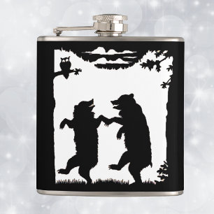 Vintage Dancing Bears Black Silhouette Trees Owl Hip Flask