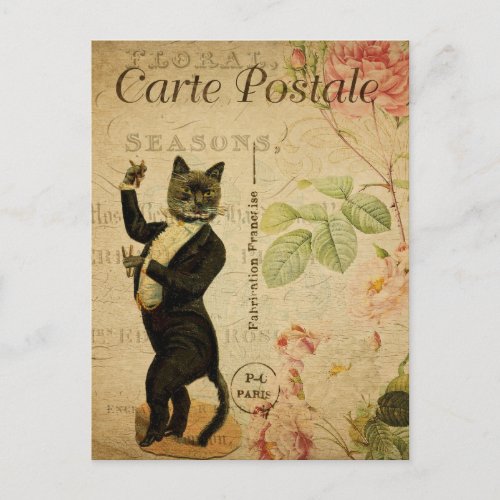 Vintage Dancing Cat Dressed in Tuxedo French Postcard