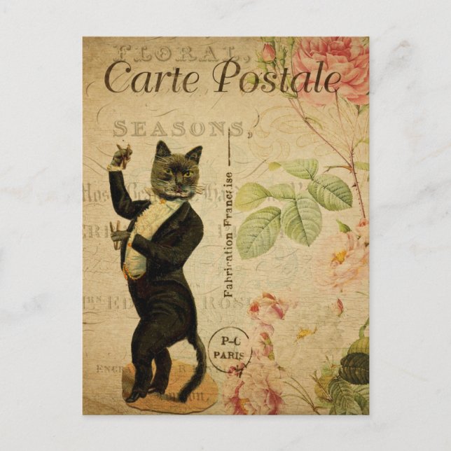 Vintage Dancing Cat Dressed in Tuxedo French Postcard (Front)