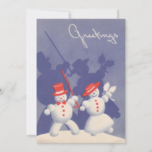 Vintage Dancing Christmas Snowmen In the Snow Holiday Card