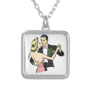 vintage dancing couple silver plated necklace