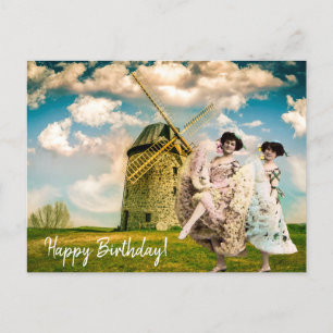 Vintage Dancing Flower Girls and Windmill Birthday Postcard