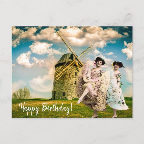 Vintage Dancing Flower Girls and Windmill Birthday Postcard