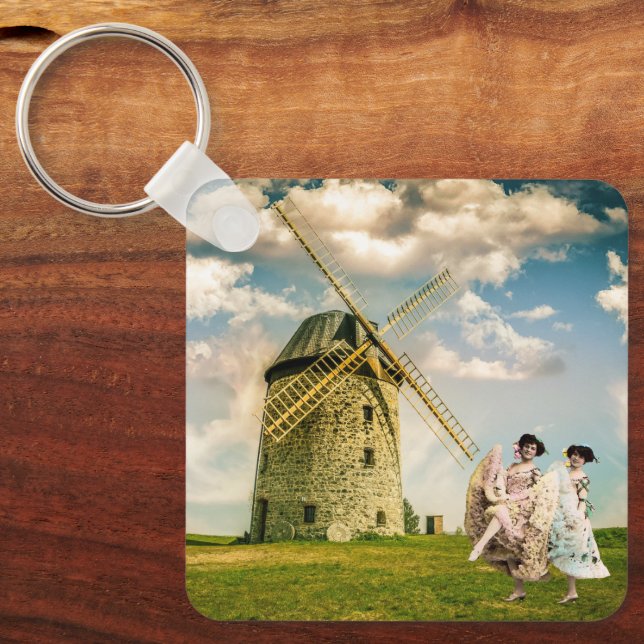 Vintage Dancing Flower Girls and Windmill Keychain (Front)