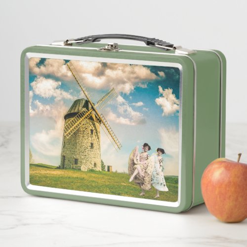 Vintage Dancing Flower Girls and Windmill  Metal Lunch Box