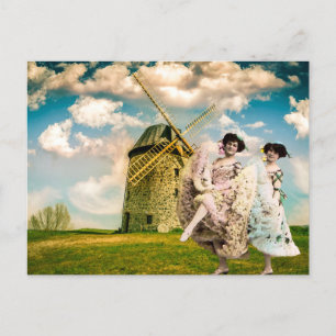 Vintage Dancing Flower Girls and Windmill Postcard