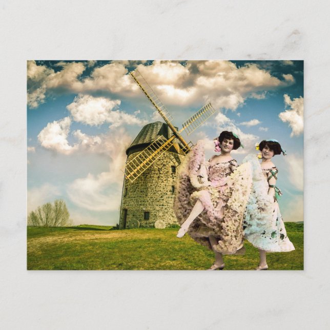 Vintage Dancing Flower Girls and Windmill Postcard (Front)