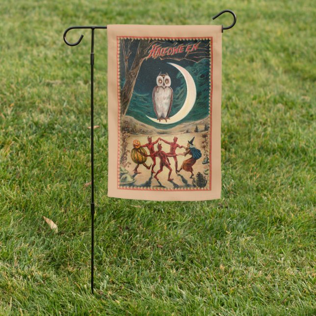 Vintage Dancing Halloween Devils, Witch & Pumpkin Garden Flag (In SItu)