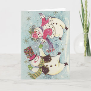 Vintage Dancing Snowman Couple Holiday Card