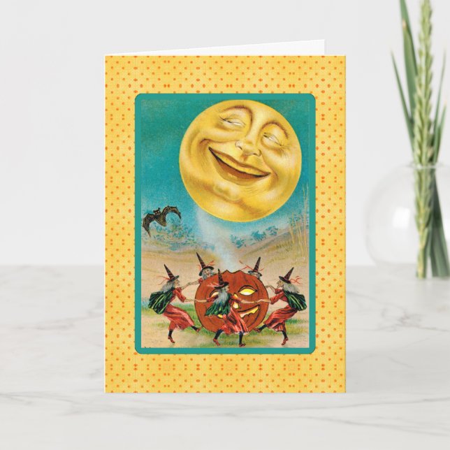 Vintage Dancing Witches Full Moon Halloween Card (Front)