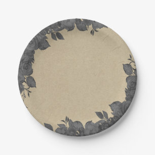 Vintage Dark Black Floral Roses & Kraft Wedding Paper Plates