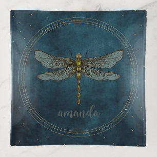 Vintage Dark Blue Celestial Mystical Dragonfly  Trinket Tray
