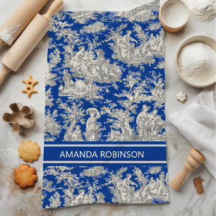Vintage Dark Blue French Country Toile de Jouy Kitchen Towel