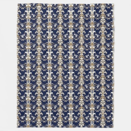 Vintage dark blue gold damask pattern fleece blanket