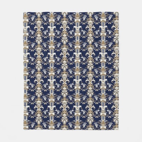 Vintage dark blue gold damask pattern fleece blanket