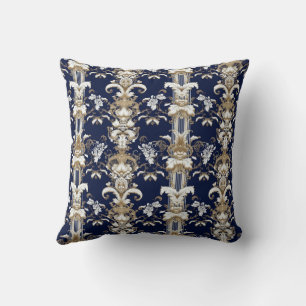 Vintage dark blue gold damask pattern throw pillow