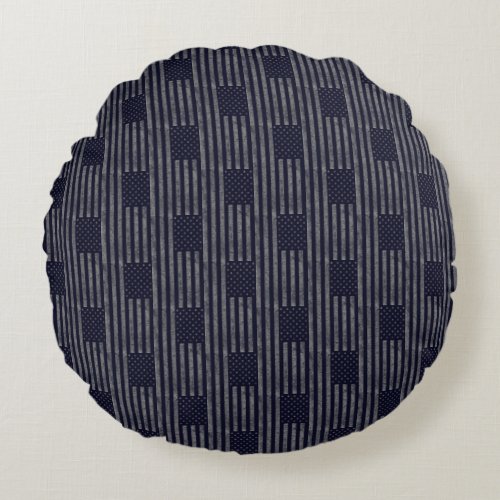 Vintage Dark Blue Grunge USA American Flag Pattern Round Pillow