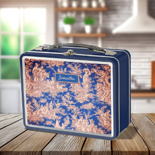 Vintage dark blue toile de jouy printed metal lunch box