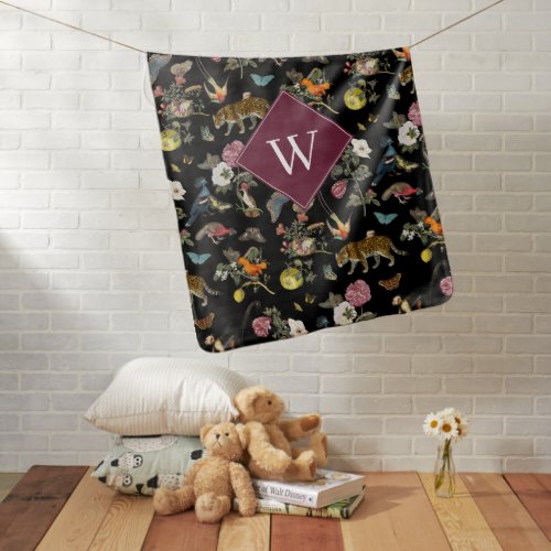 Vintage Dark Botanical Animals Forest Monogram Baby Blanket