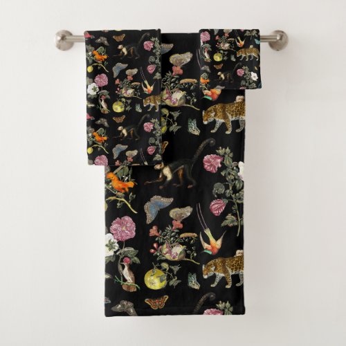 Vintage Dark Botanical Wild Animals in Forest Bath Towel Set