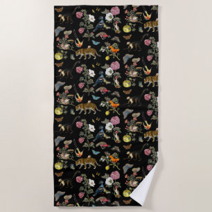 Vintage Dark Botanical Wild Animals in Forest Beach Towel