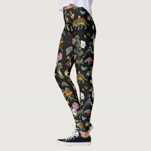 Vintage Dark Botanical Wild Animals in Forest Leggings