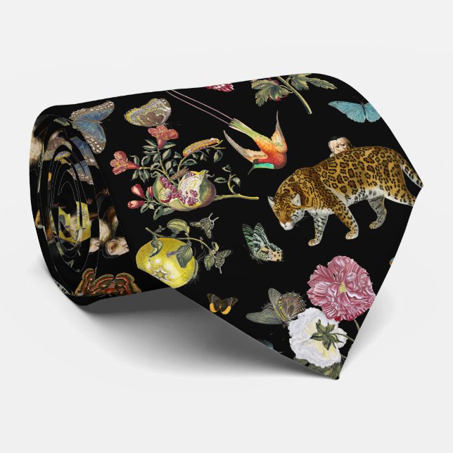 Vintage Dark Botanical Wild Animals in Forest Neck Tie (Rolled)