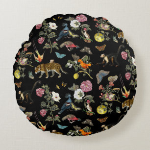 Vintage Dark Botanical Wild Animals in Forest Round Pillow