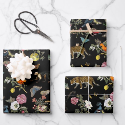 Vintage Dark Botanical Wild Animals in Forest Wrapping Paper Sheets