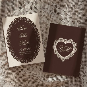 Vintage Dark Brown Lace Oval Doily Wedding Save The Date