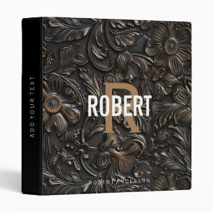 Vintage dark brown tooled leather monogram name 3 ring binder