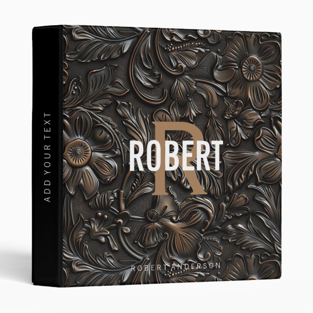 Vintage dark brown tooled leather monogram name 3 ring binder (Front/Spine)