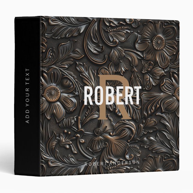 Vintage dark brown tooled leather monogram name 3 ring binder (Front/Spine)