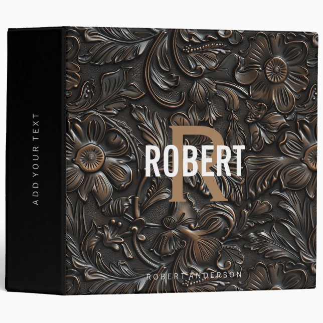 Vintage dark brown tooled leather monogram name 3 ring binder (Front/Spine)