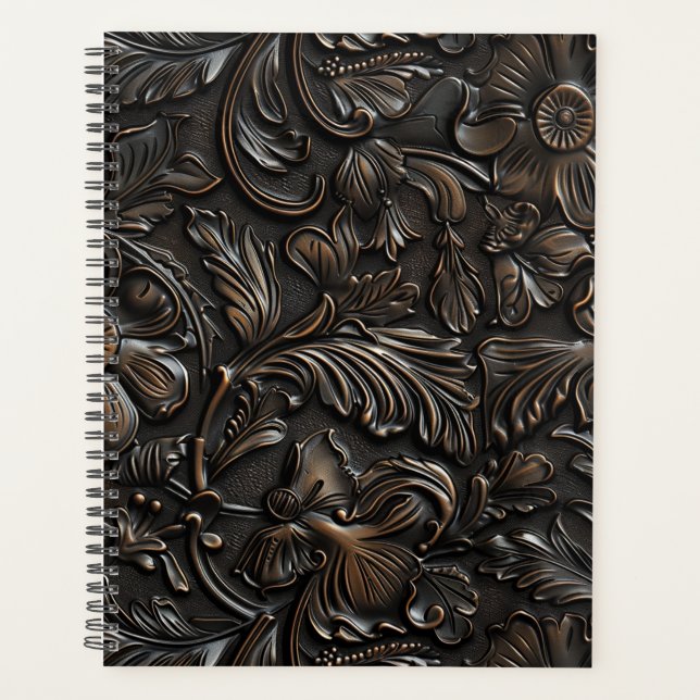 Vintage dark brown tooled leather  planner (Front)