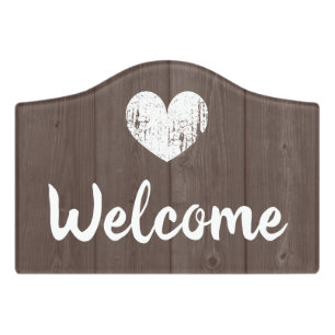 Vintage dark brown wood grain wooden panel welcome door sign