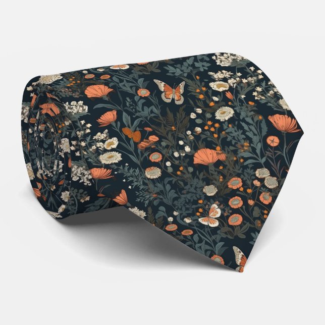 Vintage Dark Cottagecore Floral Butterfly Neck Tie (Rolled)
