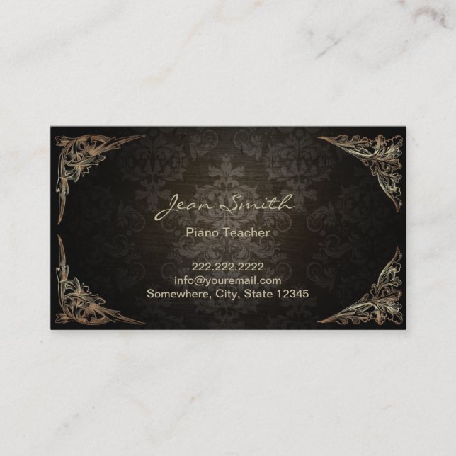 Vintage Dark Damask Piano Teacher Business Card (Front)