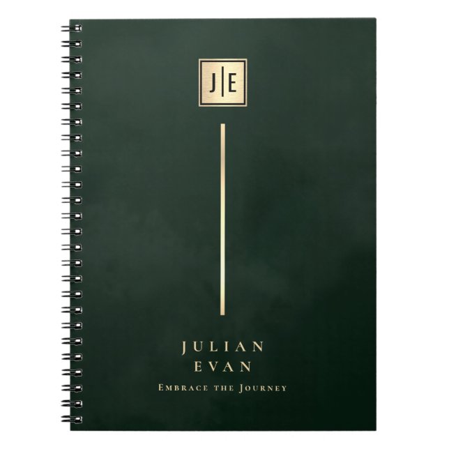 Vintage Dark Emerald Green Gold Monogram Spiral Notebook (Front)