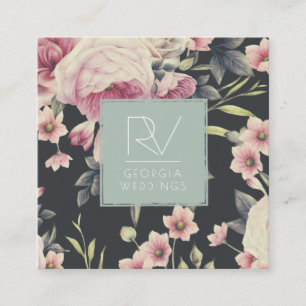 Vintage Dark Floral on Black   Monogram Square Business Card