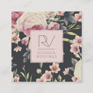 Vintage Dark Floral on Black Monogram Square Business Card