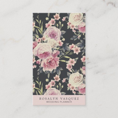 Vintage Dark Floral on Black  Vertical Business Card
